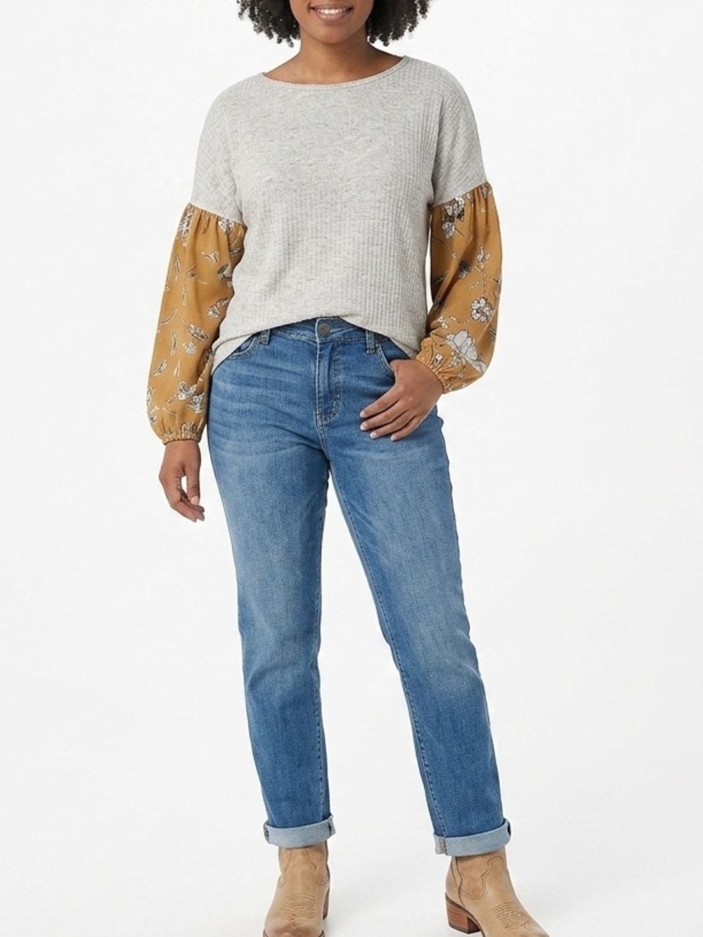 MOD Waffle Knit Top with Floral Contrast Sleeves